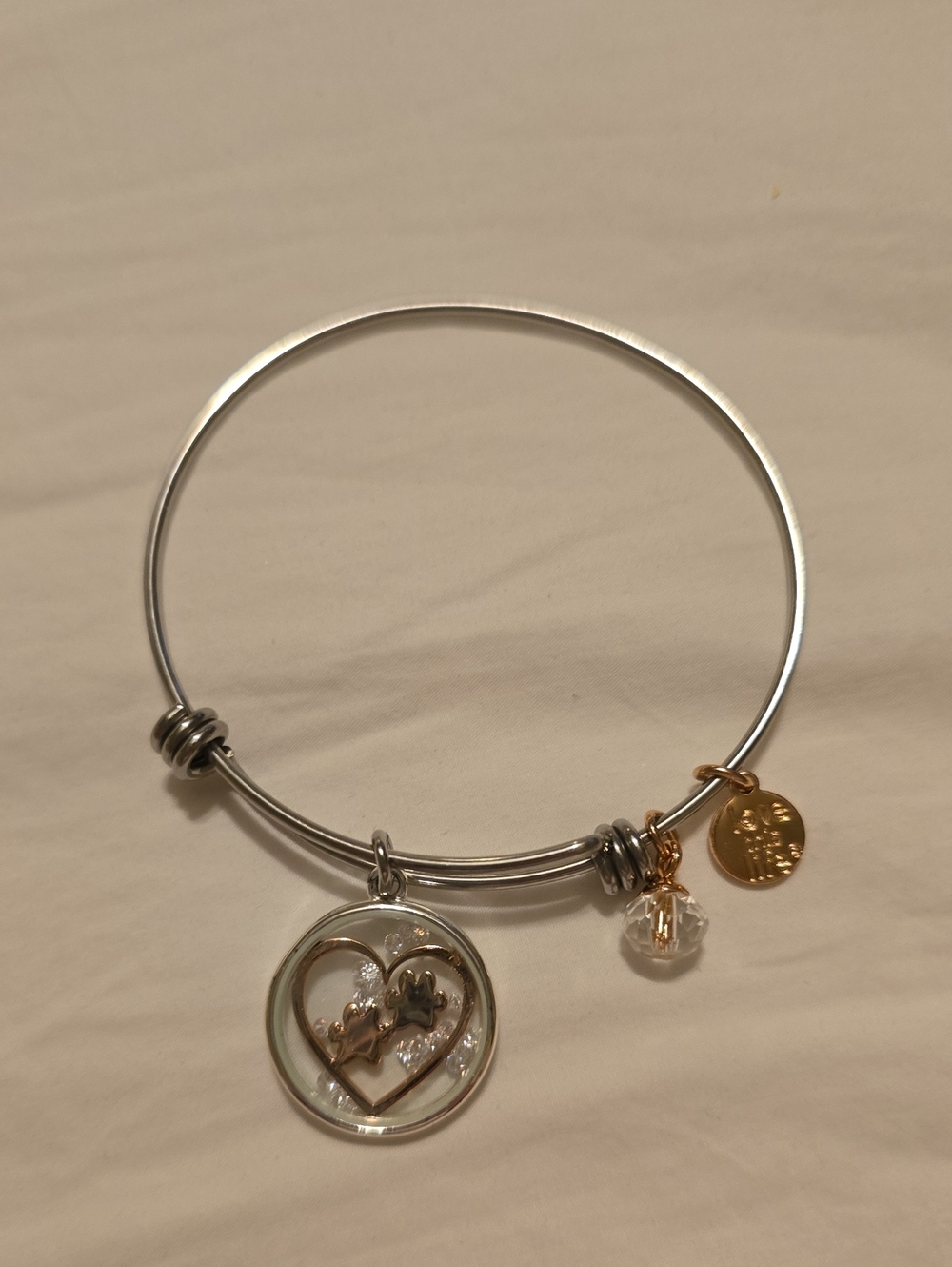 Silver-Tone Heart Charm Bangle Bracelet with Rose Gold Accents